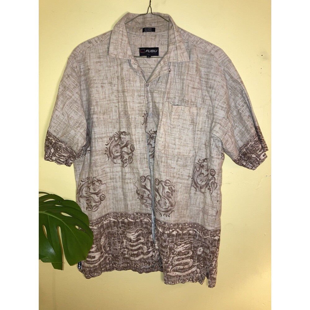 Y2K Fubu Dragon Linen Cotton Sz L Oversized‎ Button Up Shirt Vintage Tribal Surf